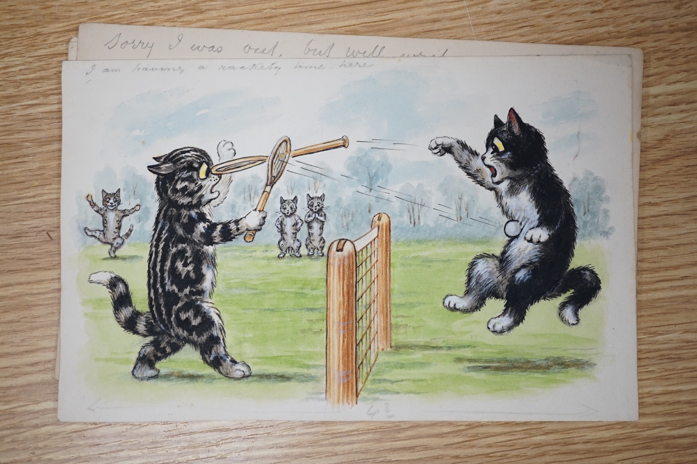 William Henry Ellam, set of six original watercolour artworks for postcards, Humorous sporting cats, 14 x 23cm, unframed